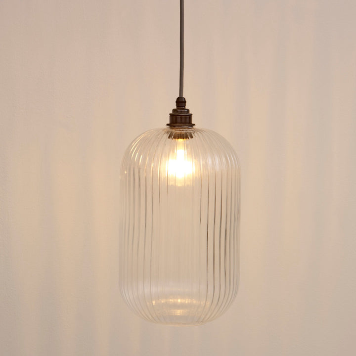 Long Clear Reeded Glass Cylinder Pendant Light