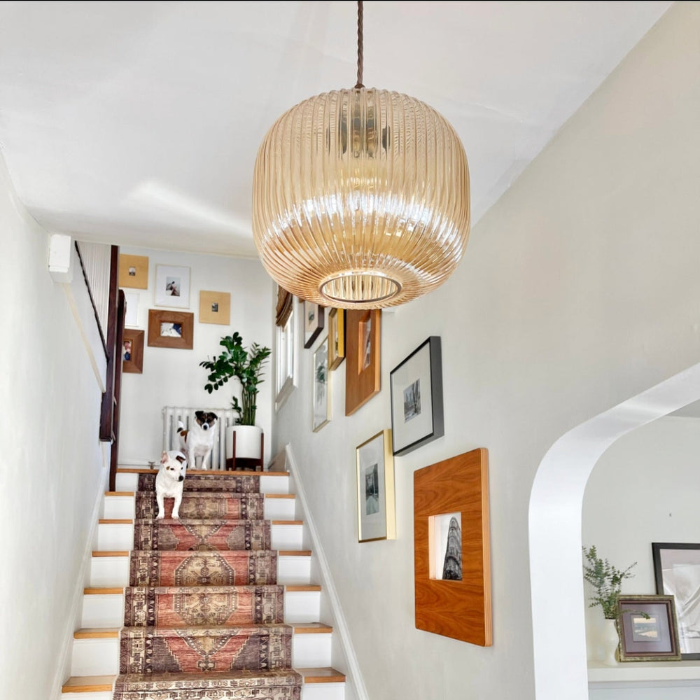 Amber Reeded Glass Pendant Light