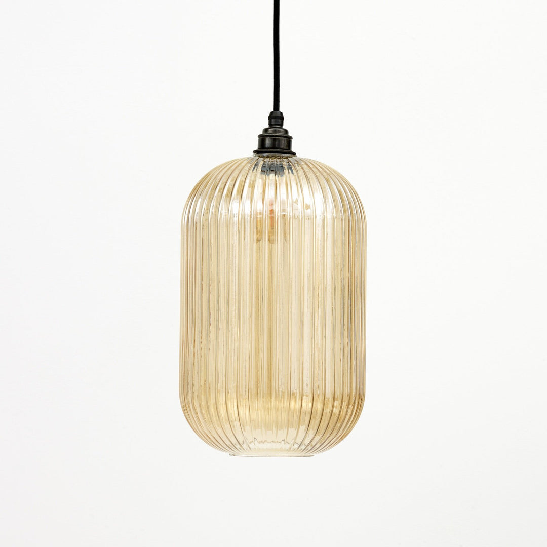 Long Amber Reeded Glass Cylinder Pendant Light