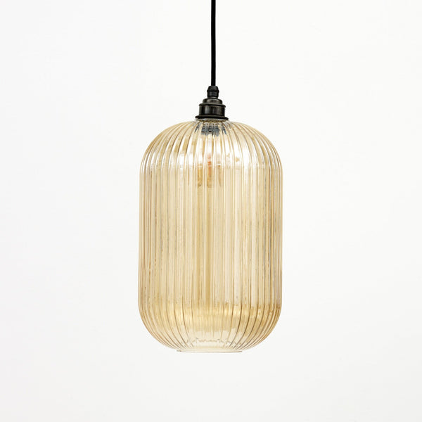 Long Amber Reeded Glass Cylinder Pendant Light