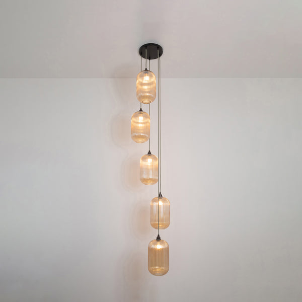 Long Amber Reeded Five Drop Pendant