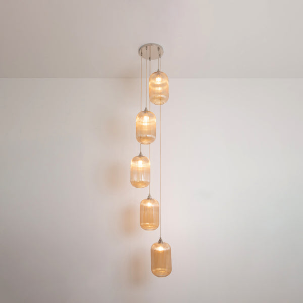 Long Amber Reeded Five Drop Pendant