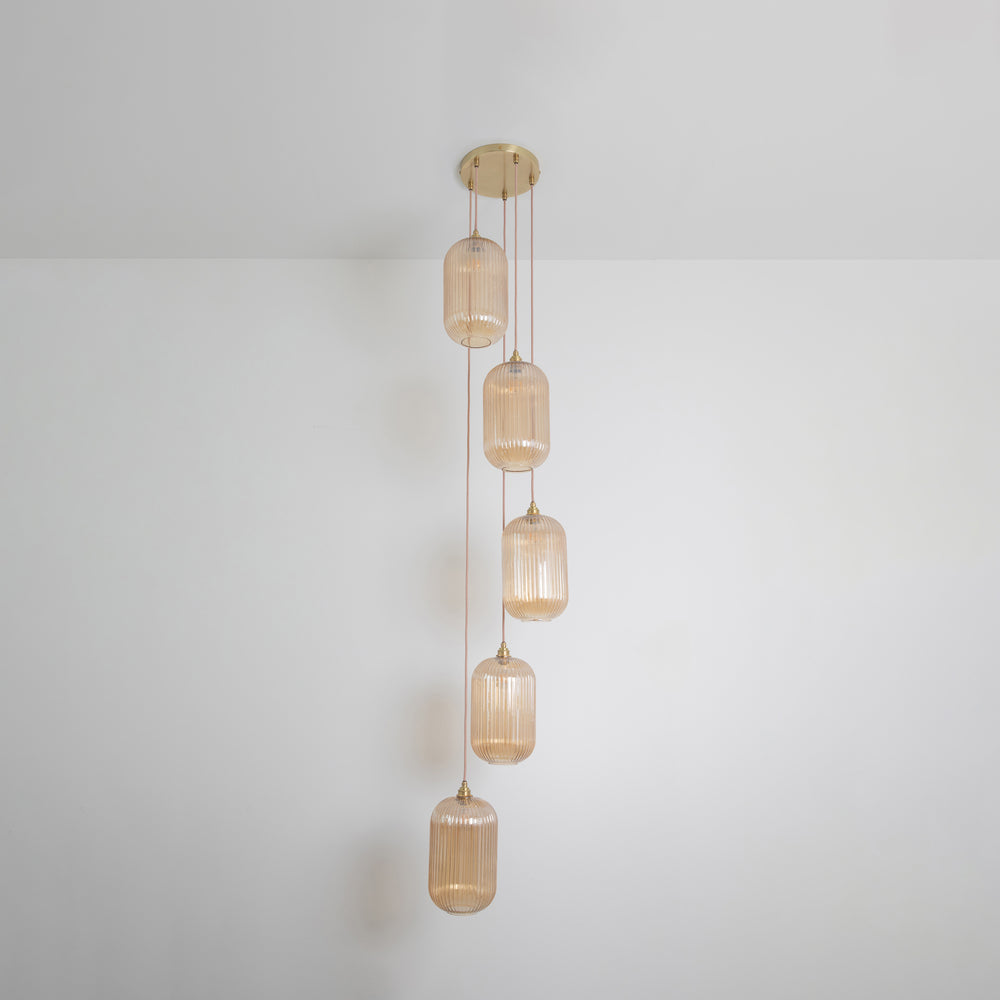 Long Amber Reeded Five Drop Pendant