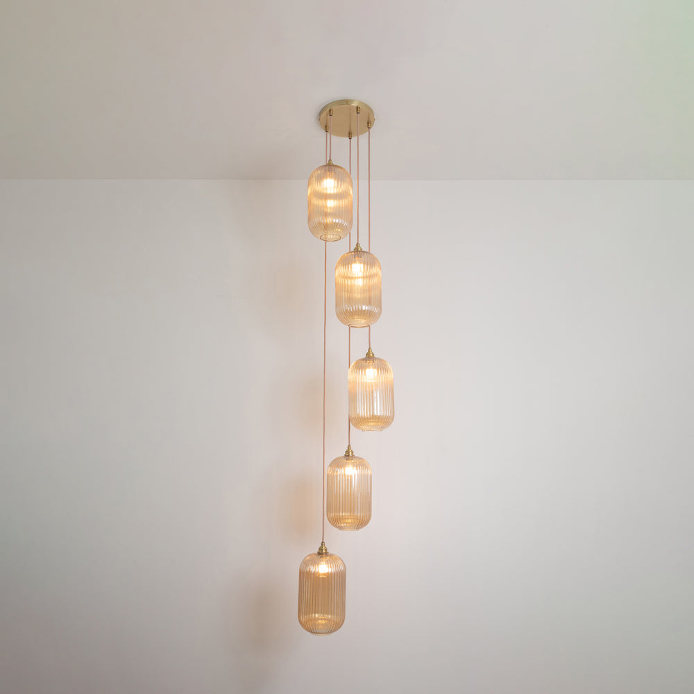 Long Amber Reeded Five Drop Pendant