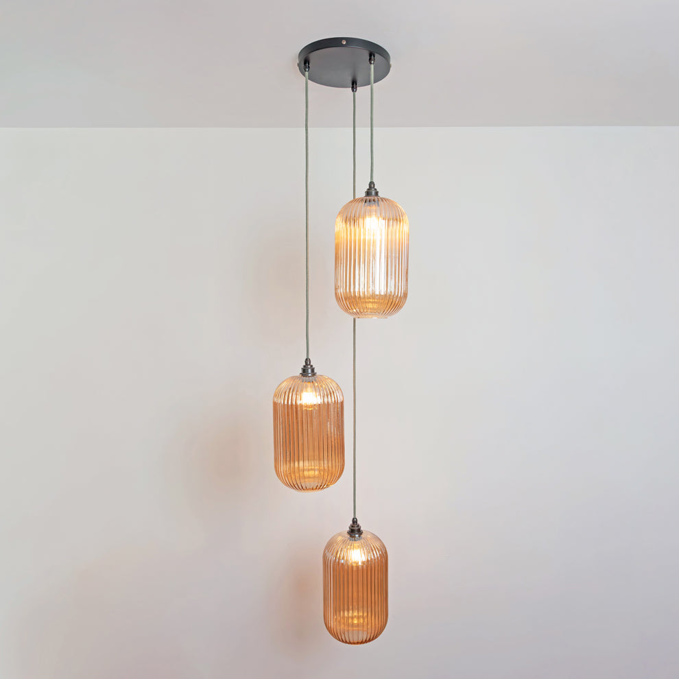 Long Amber Reeded Triple Drop Pendant