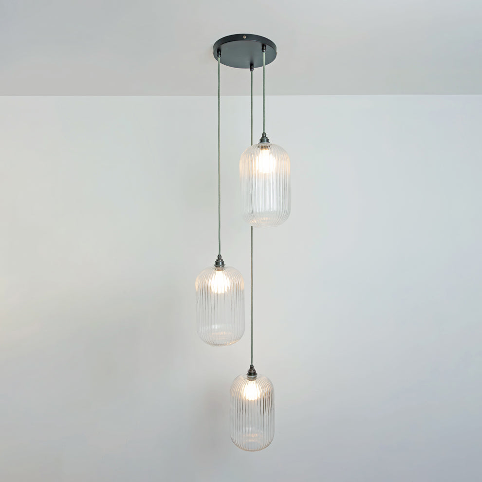 Long Clear Reeded Triple Drop Pendant