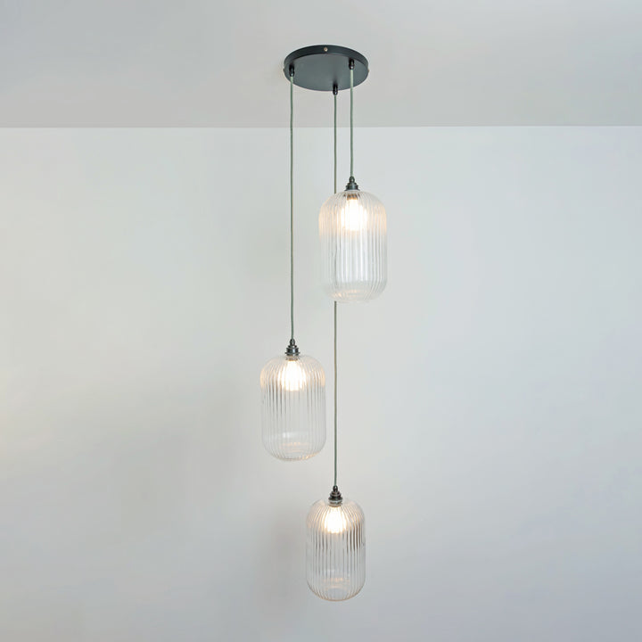 Long Clear Reeded Triple Drop Pendant