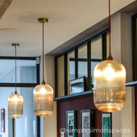 Long Amber Reeded Glass Cylinder Pendant Light