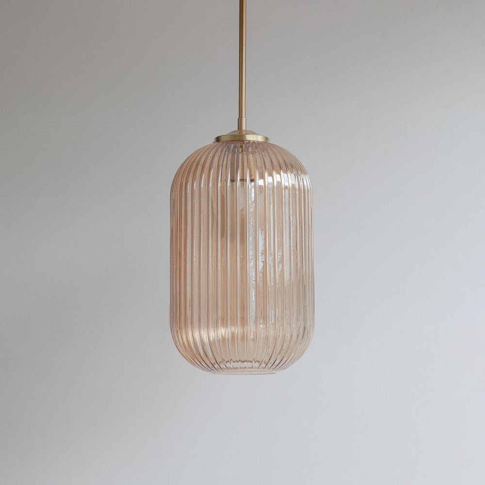 Long Amber Reeded Glass Stemmed Pendant Light