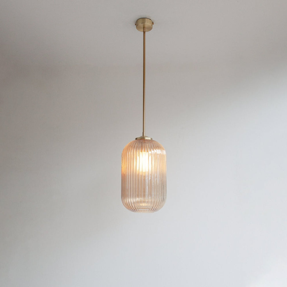 Long Amber Reeded Glass Stemmed Pendant Light