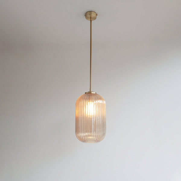 Long Amber Reeded Glass Stemmed Pendant Light